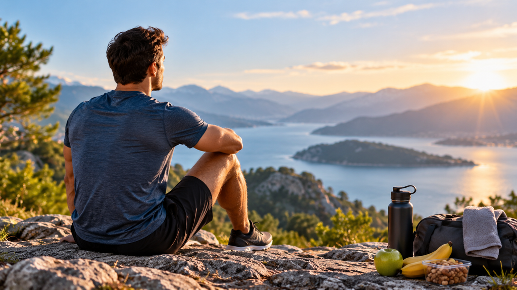 Men's health with an active and healthy lifestyle outdoors overlooking a lake and mountains