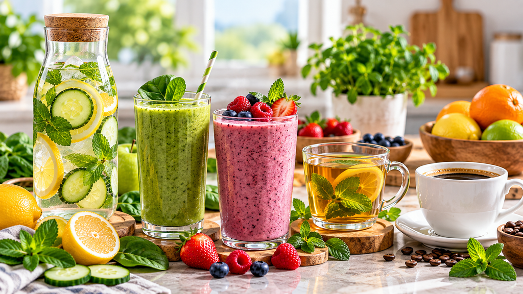 Healthy drinks including infused water, green and berry smoothies, herbal tea and coffee surrounded by fresh fruits and mint