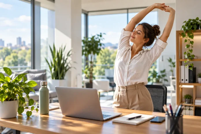 Work & wellness: woman taking a midday stretch break at work