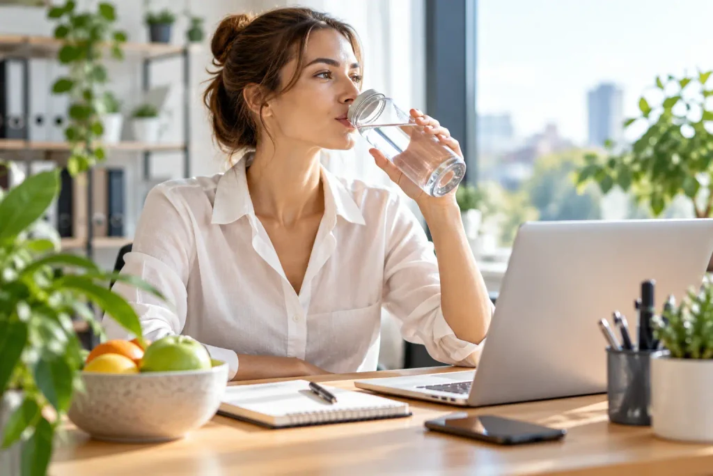 woman drinking water during the workday