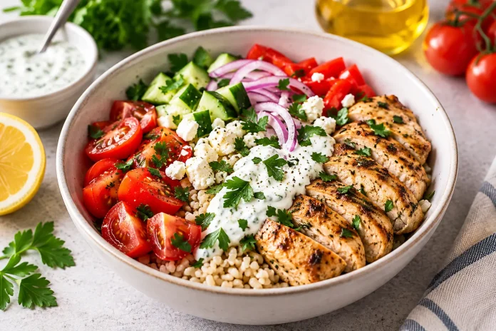 Healthy recipes Mediterranean chicken bowl with vegetables and grilled chicken