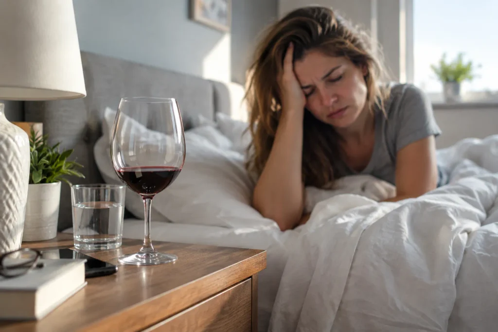 Alcohol and sleep with a tired woman resting in bed the next morning