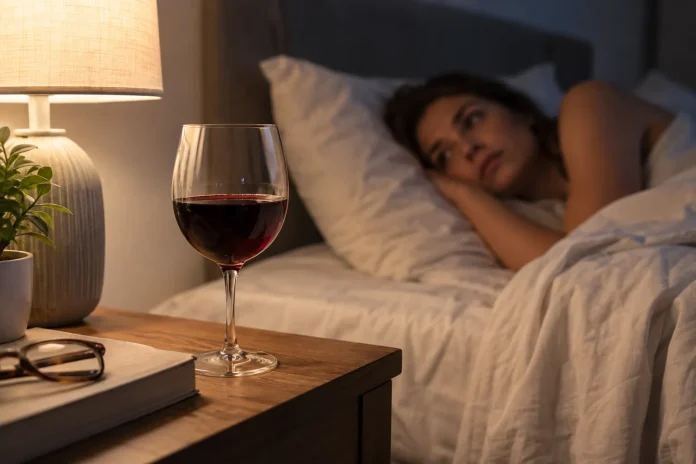 Alcohol and sleep with a glass of wine beside a woman resting in bed