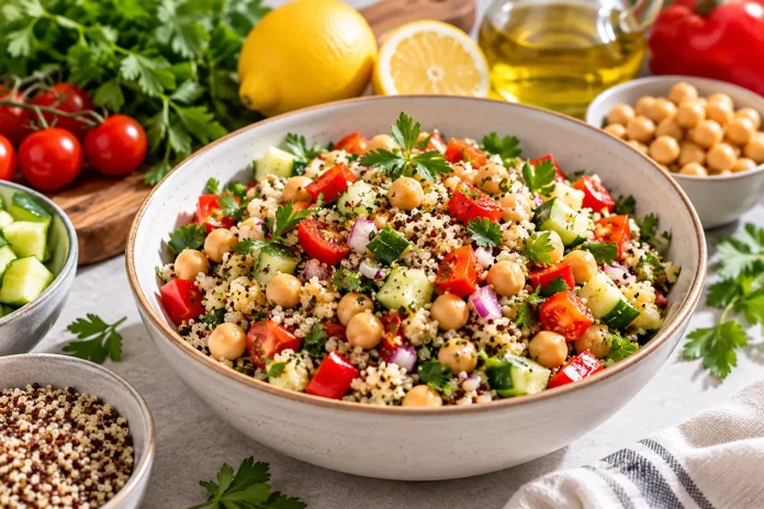 Chickpea quinoa salad with cucumber, tomatoes, red pepper and fresh herbs