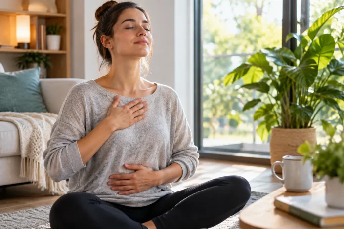 Woman practicing deep breathing at home in a calm, natural setting