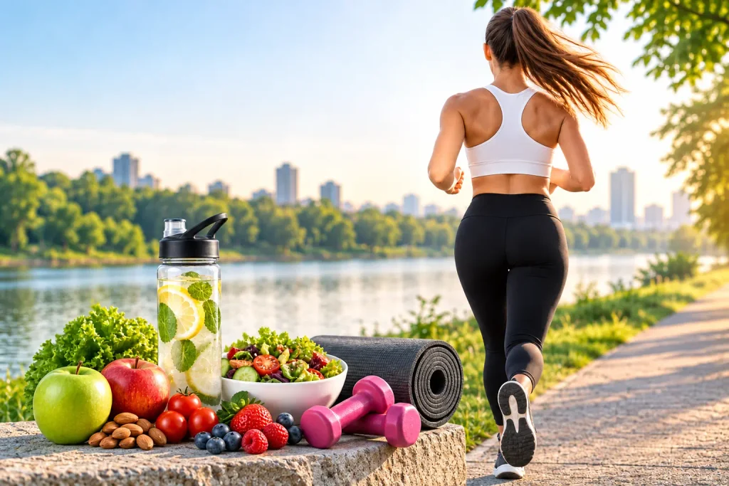 Woman jogging by a lake with healthy foods, water, yoga mat and dumbbells