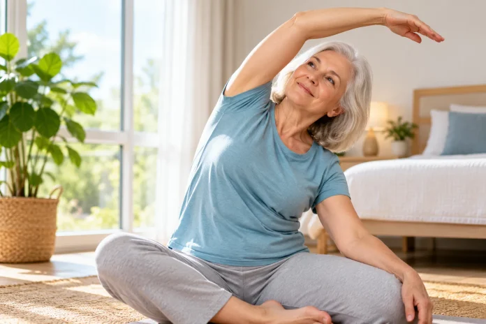 Morning stretching routine for older adults with a woman doing a gentle seated stretch