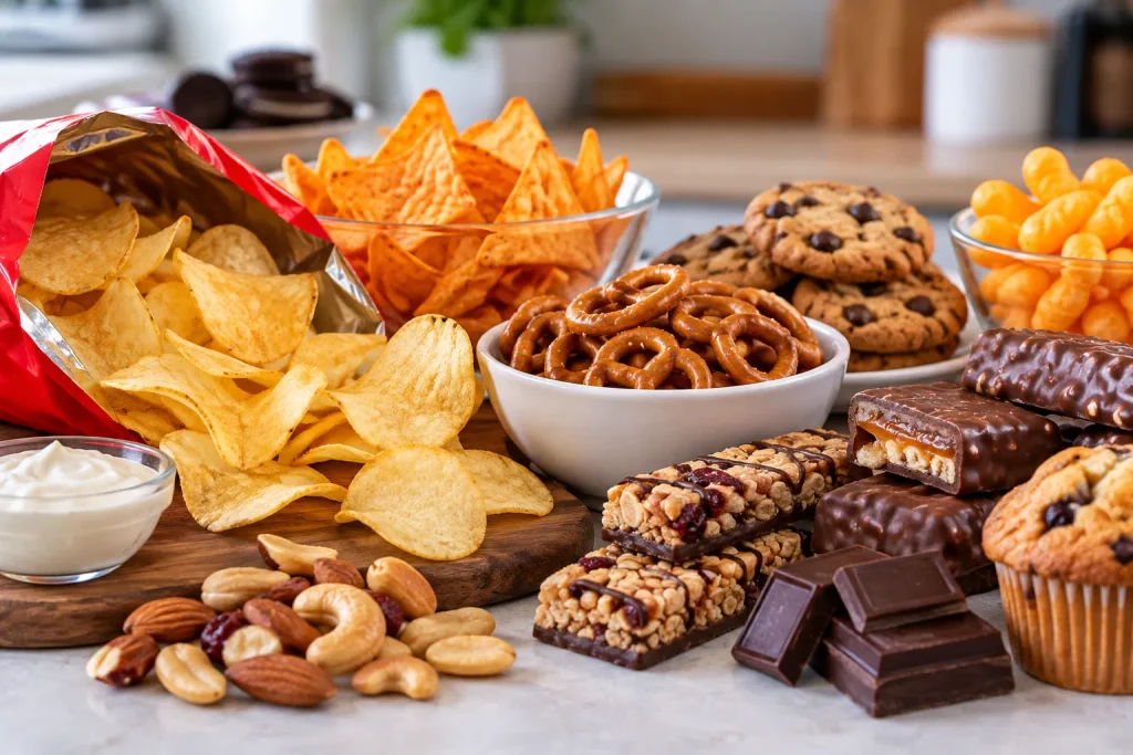 Packaged snack foods with different types of fat content