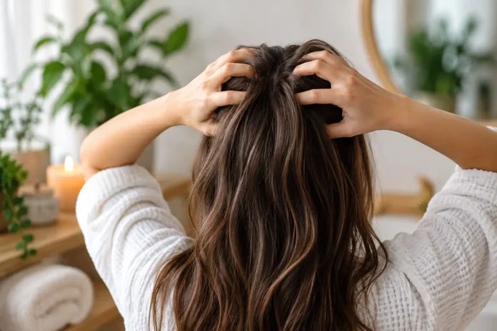 Woman gently massaging her scalp as part of a self-care routine