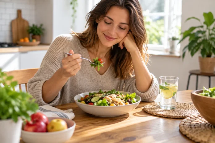 Screen-free eating with a woman enjoying a healthy meal at home