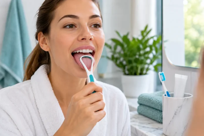 Woman using a tongue scraper as part of her morning oral hygiene routine