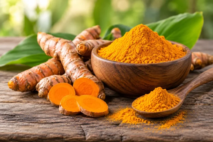 Turmeric root and turmeric powder on a wooden table