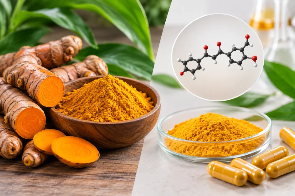 Turmeric root and curcumin powder with turmeric capsules