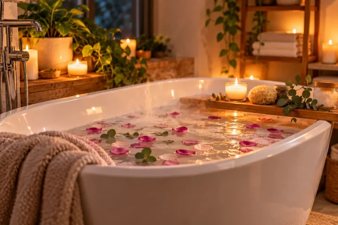Warm bath before bed in a cozy bathroom