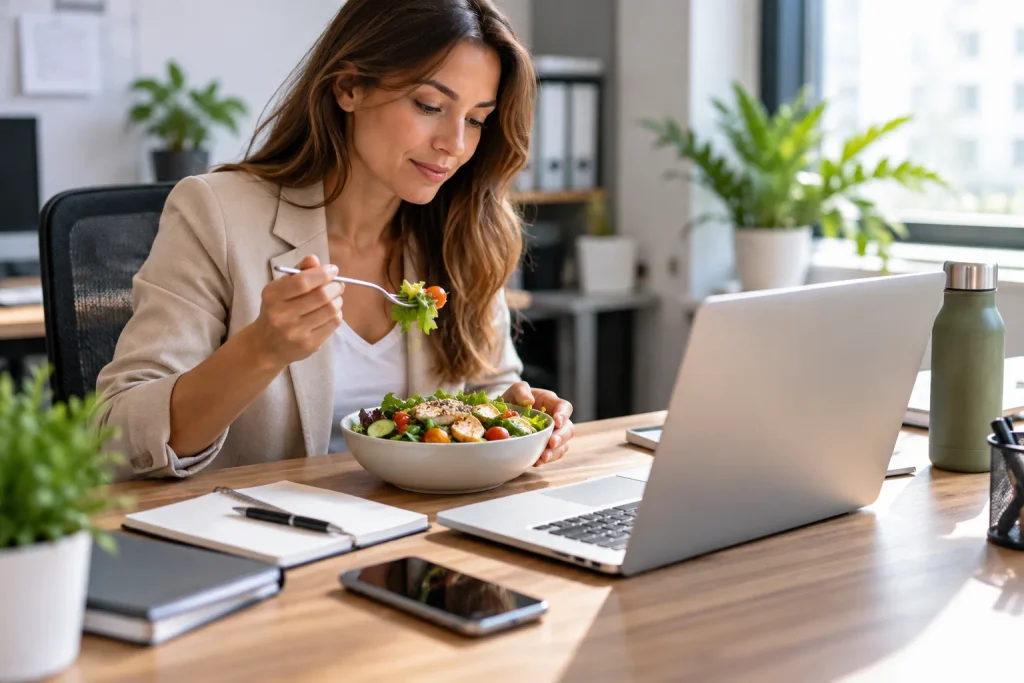 Woman eating lunch while working at a laptop in a home office