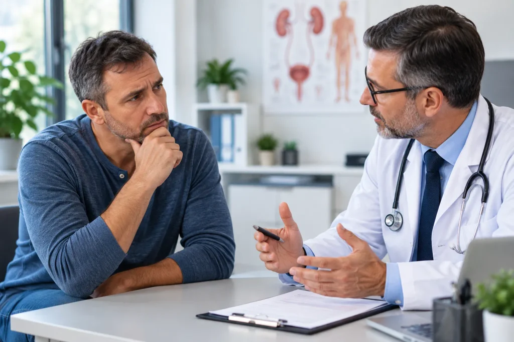 Man discussing prostate symptoms with a doctor during a medical consultation