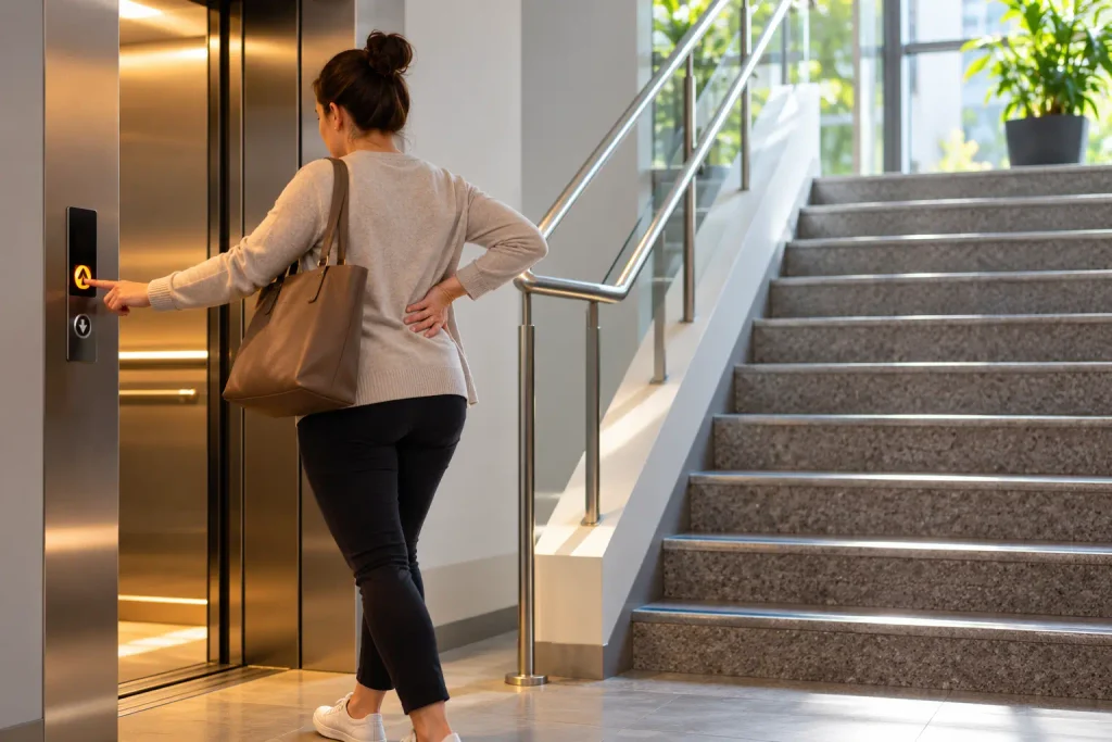 Woman choosing the elevator instead of stairs when climbing is not appropriate