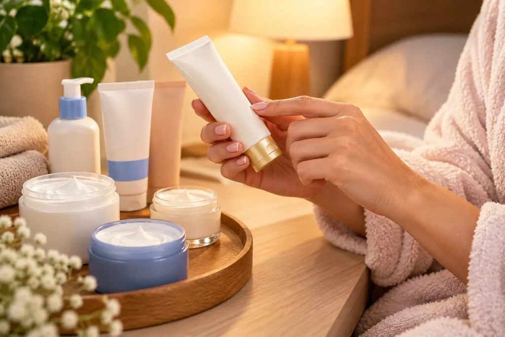Woman choosing a moisturizer for a simple hand care routine