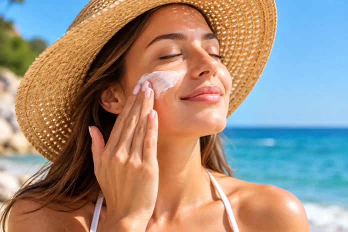 Woman applying daily sunscreen to her face for better skin protection