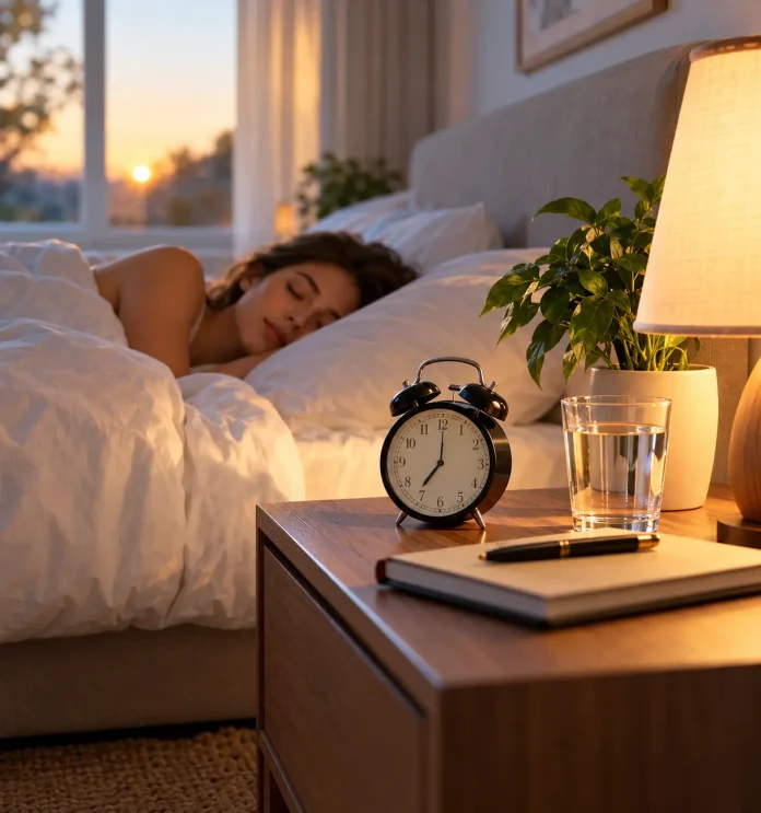 A peaceful bedroom with an alarm clock at sunrise, illustrating a consistent sleep schedule