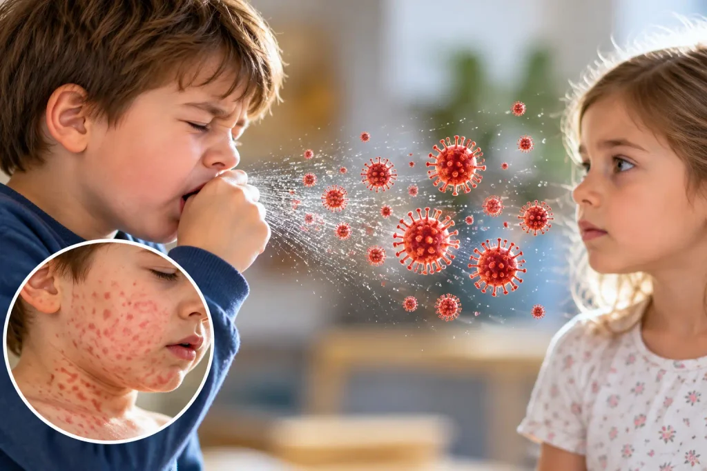 How measles spreads through airborne particles, showing a child coughing, another child nearby, and a close-up of the characteristic red measles rash.