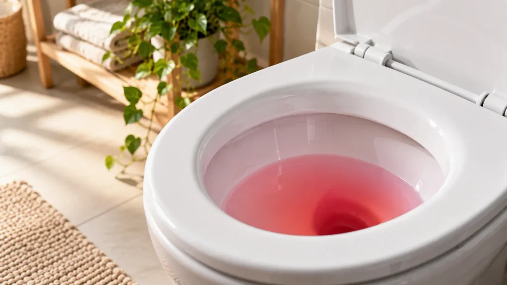 Pink or red urine in a toilet, showing an unusual urine color that may require attention
